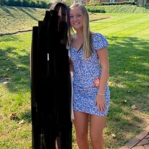 Blue floral form fitting puff sleeve mini dress. Summer dress, gameday dress